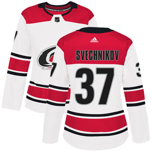 Women's Andrei Svechnikov Authentic White Away Jersey: Hockey #37 Carolina Hurricanes